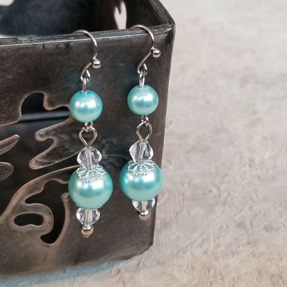 Artisan Glossy Blue Glass Pearl Clear Crystal Silver Plated Dangle Earrings